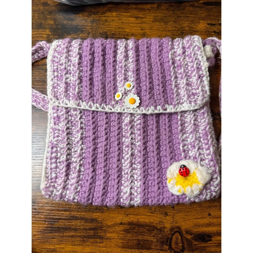 Handmade Crochet Crossbody Bag Purple White Daisy Ladybug Cottagecore Boho - Picture 12 of 15